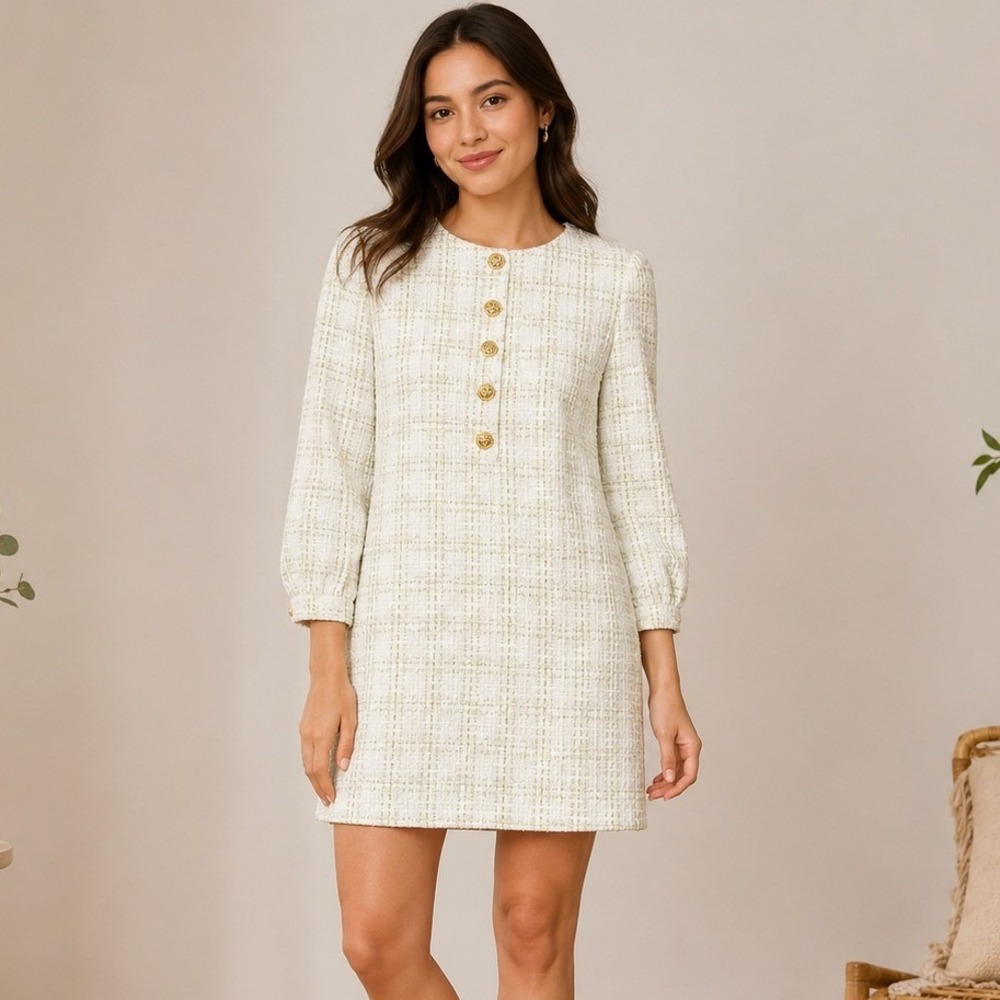 Shop The Mint Tweed Dress XL White Gold Metallic Button Shift Preppy MJY12